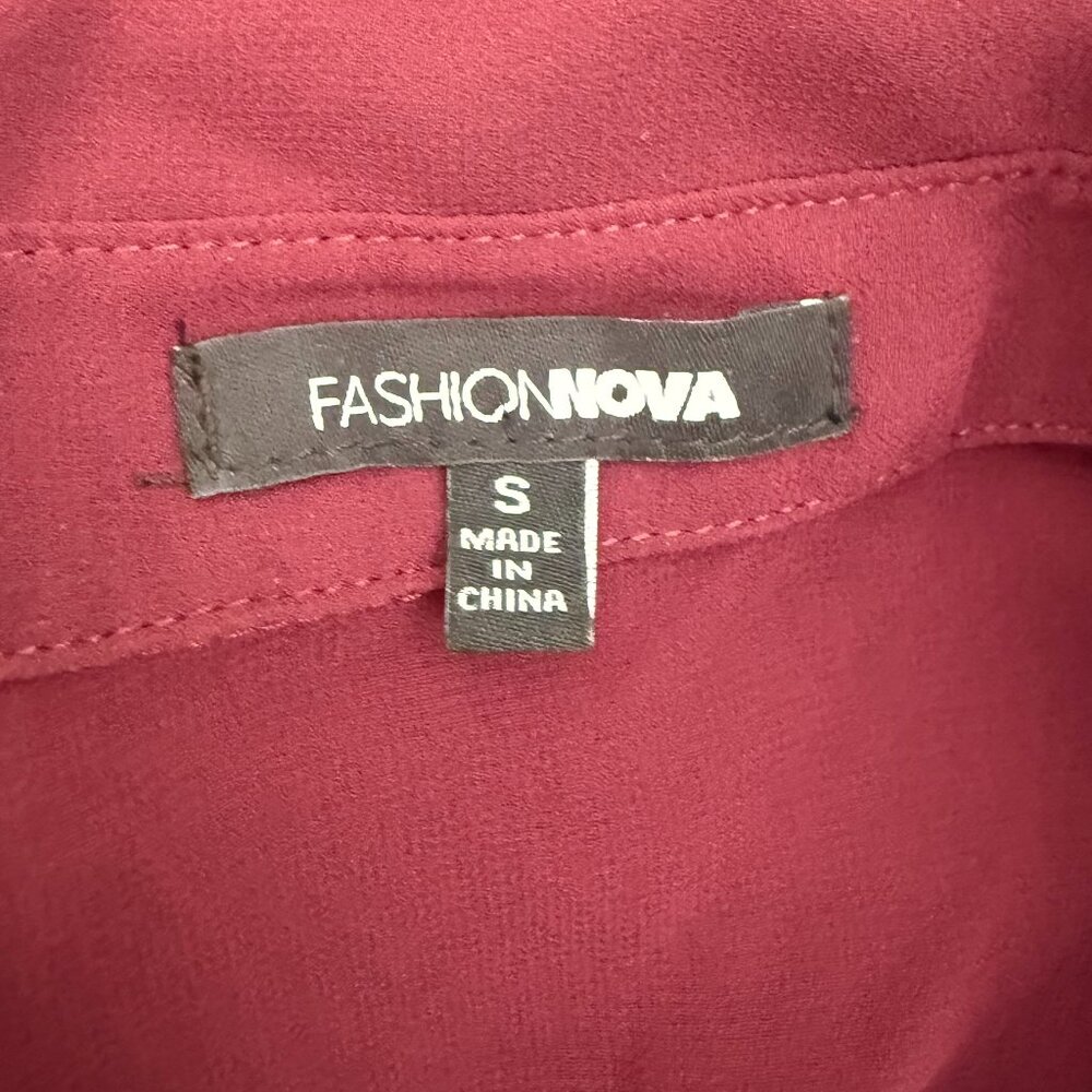 Fashion Nova Burgundy Sheer Twist-Front Blouse | Long Sleeve | Size S - Picture 10 of 12
